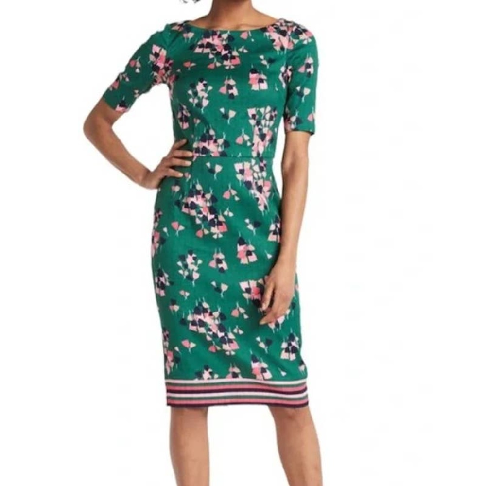 BODEN Fleur Leaf Fitted Green Dress Style W0144 Pink Tulips Womens US 8P Petite